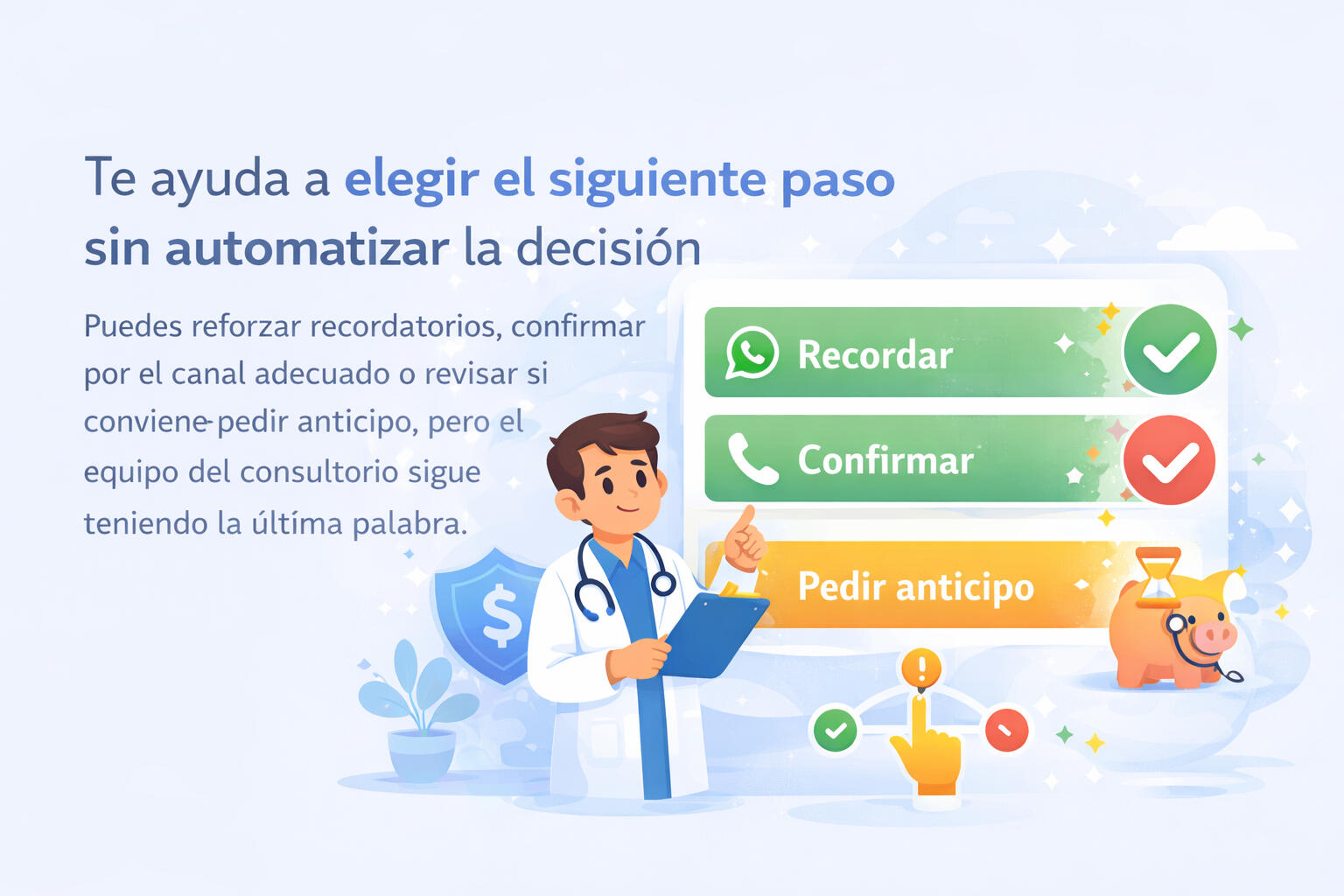 Te ayuda a elegir el siguiente paso sin automatizar la decisión